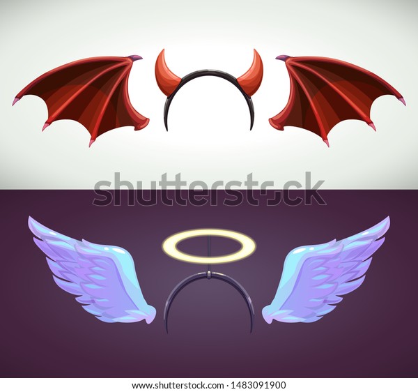 天使と悪魔のデコールエレメント 天使の翼と光背 悪い翼と角 ハロウィーンのパーティーの衣装 ベクターイラスト のベクター画像素材 ロイヤリティフリー
