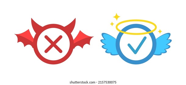 Angel and devil decorative x v check marks button icon vector set. True or false, myth vs fact circle with angel and demon accessories isolated on white background. Flat design cartoon illustration.