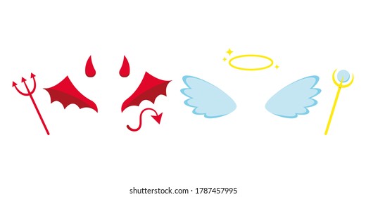 Angel and devil or demon costume attributes icon set isolated on white background - horns, light angel red evil wings, tail, halo, staff, trident sign. Flat design cartoon suit vector illustration. svg