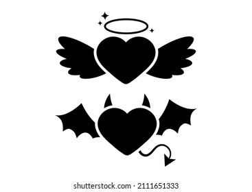 Angel and devil or demon heart black icon set isolated on white background. Heart with horns, tail, wings and halo.  Flat design simple clip art vector illustration.