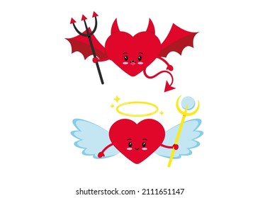 Angel and devil or demon heart character icon set isolated on white background. Heart with  horns, light angel red evil wings, tail, halo, staff, trident. Flat design cartoon vector illustration.