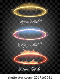 Angel devil and fairy halo set. Divine and infernal glowing nimbus, fairy butterfly moth magic sparkles flame, hell circle and holiness lights ring symbols isolated on transparent