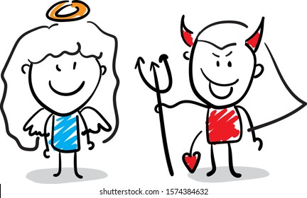 Angel and Devil girls.
Girl hand drawn doodle line art cartoon design character - isolated vector illustration outline of woman.