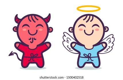 Angel and devil. Good and bad. Children are in costumes angel and devil for Halloween.