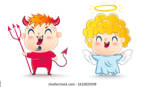 Angel and devil. Good and bad. Children are in costumes angel and devil.