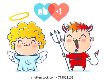 Angel and devil. Good and bad. Children are in costumes angel and devil.