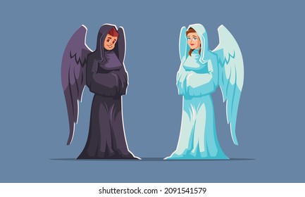 Angel and devil, good and evil characters with wings wear white and black robe. Male and female personages guides to the spirit world in hell or heaven, religious figures, Cartoon vector illustration