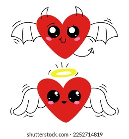 Angel and devil heart cute character icon set isolated on white background. Kawaii hearts. Love concept