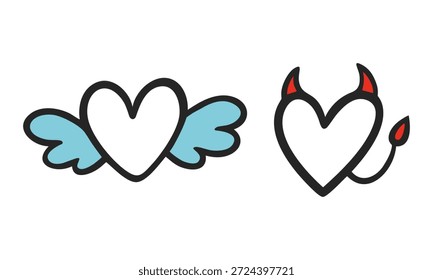 Ángel y el diablo corazón boceto conjunto con alas azules, cuernos rojos y cola. Iconos de doodle dibujados a mano que representan el amor bueno y malo para el Día de San Valentín.  