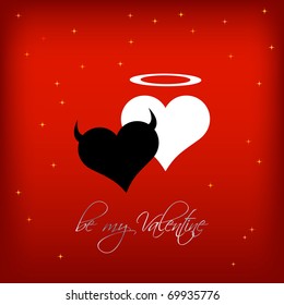 Angel and Devil hearts card. Vector.