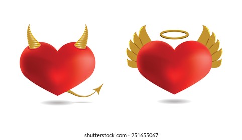 Angel and Devil Hearts, Isolated On White Background, Vector