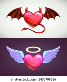 Angel and devil hearts. Love concept icons. Vector illustration.