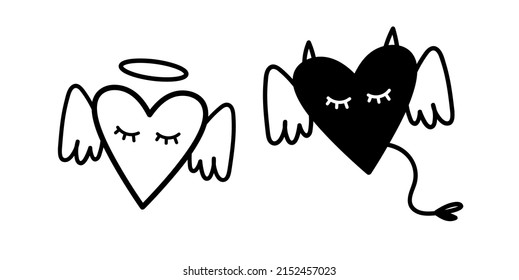 Angel and Devil hearts Vector illustration. Line art black and white for saint valentine's day