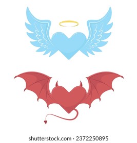 Angel and devil hearts with wings. Blue and red heart. Golden halo, bat wings and tail. Halloween decorative element. Hell and heaven symbol, cartoon flat style isolated vector concept