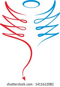 Angel or devil icon in lineal illustration. Red and blue colors.