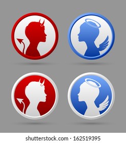 Angel and devil icons or badges isolated on grey background