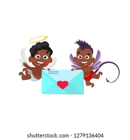 Angel and devil illustration. Cupid, devil, letter. Saint Valentines Day concept. Vector illustration can be used for topics like romantic, love, celebration, greeting card