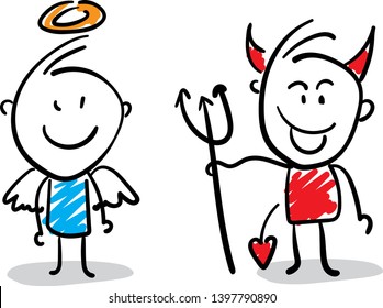 Angel and devil - kindness and evilness. hand drawn doodle line art cartoon design character - isolated vector illustration outline svg