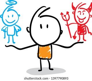 Angel and devil - kindness and evilness. hand drawn doodle line art cartoon design character - isolated vector illustration outline