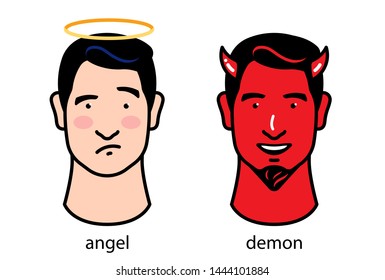 Angel and devil. The angel lost, and the demon won. The face of a man with a halo. The face of a man with horns. Two antagonists, opposites. Vector illustration two characters.