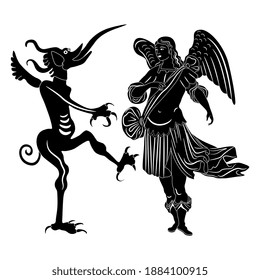 Angel And Devil. Medieval Art. Black And White Silhouette. Juxtaposition Of Good And Evil. Christian Religious Symbols.