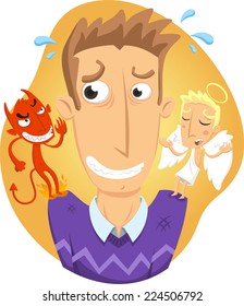 Angel and devil on a man´s shoulder cartoon