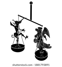 Angel And Devil Standing On Weight Scales. Creative Concept. Balance Or Choice Between Good And Evil. Black And White Silhouette. Christian Mythology.