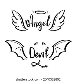 Ilustración vectorial estilizada por ángel y diablo. Ángel con ala, halo. Diablo con ala y cola. Estilo de esbozo de línea dibujada a mano.