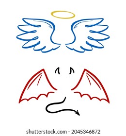 Angel and devil stylized vector illustration. Angel with wing, halo. Devil with wing and tail. Hand drawn line sketch style.