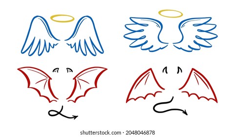 Angel and devil stylized vector illustration. Angel with wing, halo. Devil with wing and tail. Hand drawn line sketch style. svg