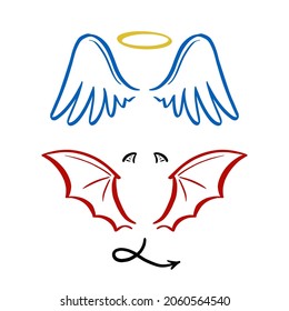 Angel and devil stylized vector illustration. Angel with wing, halo. Devil with wing and tail. Hand drawn line sketch style. svg