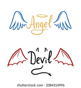 Ilustración vectorial estilizada por ángel y diablo. Ángel con ala, halo. Diablo con ala y cola. Estilo de esbozo de línea dibujada a mano.