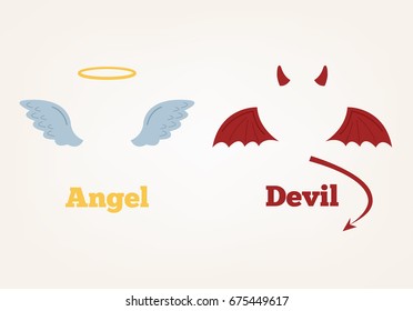 Элементы костюма ангела и дьявола. Хорошо и плохо. Векторный плоский мультфильм иллюстрация
