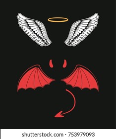 Angel and devil suit elements. Good and bad. Vector flat cartoon illustration