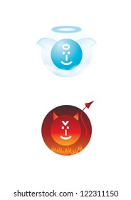 angel and devil symbol with smileys; good and bad