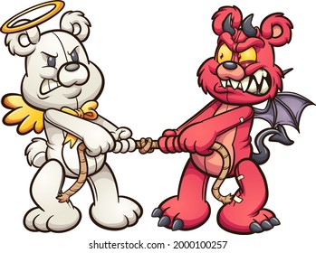 Angel and devil teddy bears in a tug of war. Vector clip art illustration with simple gradients. All on a single layer.
