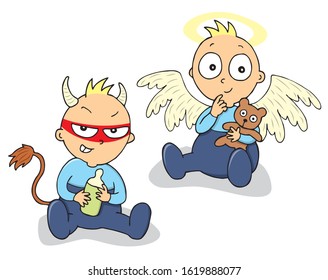 Angel and devil toddler - vector illustration (two isolated kids on white backround)