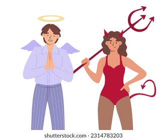 Angel and devil together concept. Man with wings and halo stands next to woman in red suit with trident. Good and evil. Mythology and religion, fantasy. Cartoon flat vector illustration