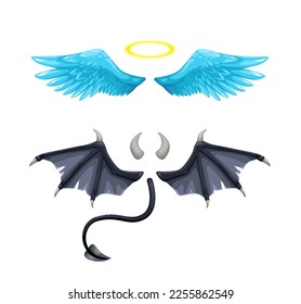 	
Angel and devil traditional elements, isolated on white background. Angel wing and halo. Evil wings, tail and horns. Halloween party costumes. Vector illustration.