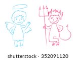 Angel and devil vector illustration - boys cartoon character. Hand drawn graphic clip art. Childish style drawing. Sketchy funny angel, cute little devil. Outline. Isolated. Eps 10.