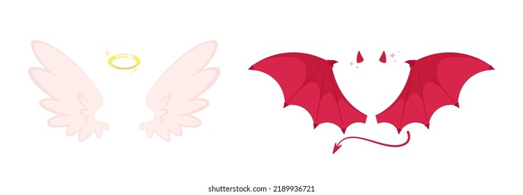 Ángel y alas del diablo. Disfraz de caricatura de mal o bondad. Ala blanca con halo, cuernos demoníacos rojos y cola. Elementos vectores reales y falsos de racy plana aislada