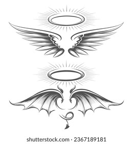 Angel and devil wings with halo sketch. Engraved divine and infernal aureol drawing, angels and devils winged horned glowing nimbus rings etching symbols isolated vector