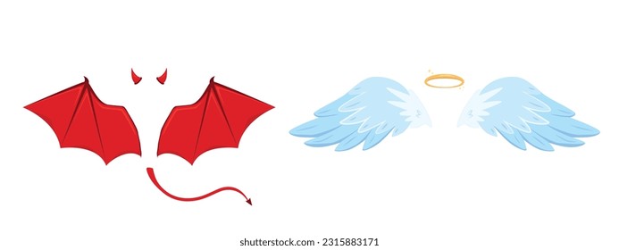 Angel and devil wings. Isolated demon hell and holy angels costume elements. Evil or good, red horns and shine halo. Snugly vector graphic