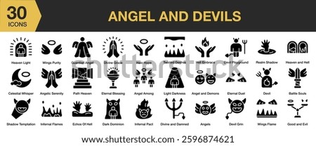 Angel And Devils solid icon set. Includes devil, angel, evil, hell, demon, saint, bad, and More. Solid icons vector collection.