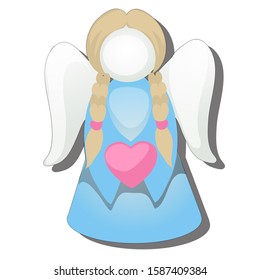 Angel doll with pink heart in hands isolated on a white background. Vector cartoon close-up illustration