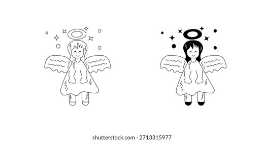Ángel doodle conjunto icono con fondo blanco Vector Ilustración de stock