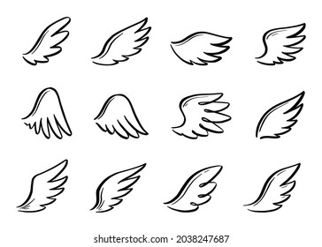 Angel doodle wing set. Hand drawn sketch style wing. Bird feather, angel concept vector illustration. Pencil line drawing.