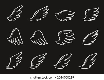 Angel doodle wing set on chalkboard. Hand drawn sketch style wing. Bird feather, angel concept vector illustration. Pencil line drawing.