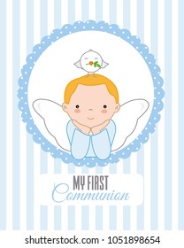 Angel with dove on top of his head. Christening or communion card