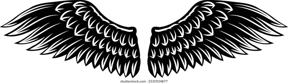 Angel, eagle, hawk or falcon bird wings feather wing pair set illustration in a vintage woodcut style 